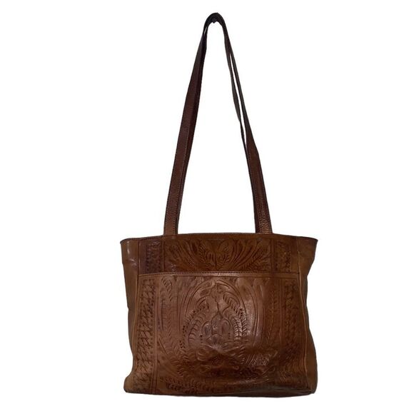 Texian Leathers tooled leather studded pony hair fur shoulder bag purse brown - Picture 2 of 13